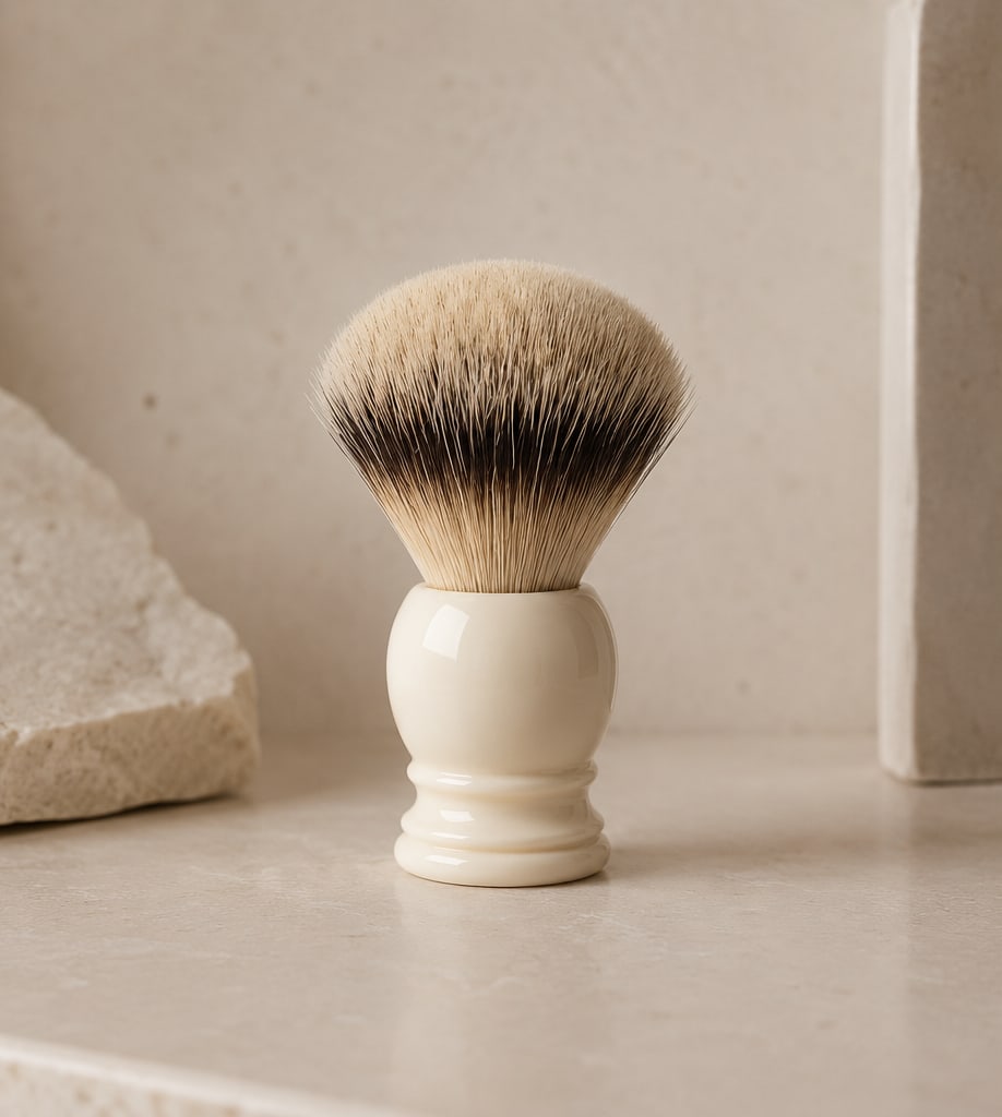 Ritual Eight shaving brush with an ivory handle standing on a warm stone counter