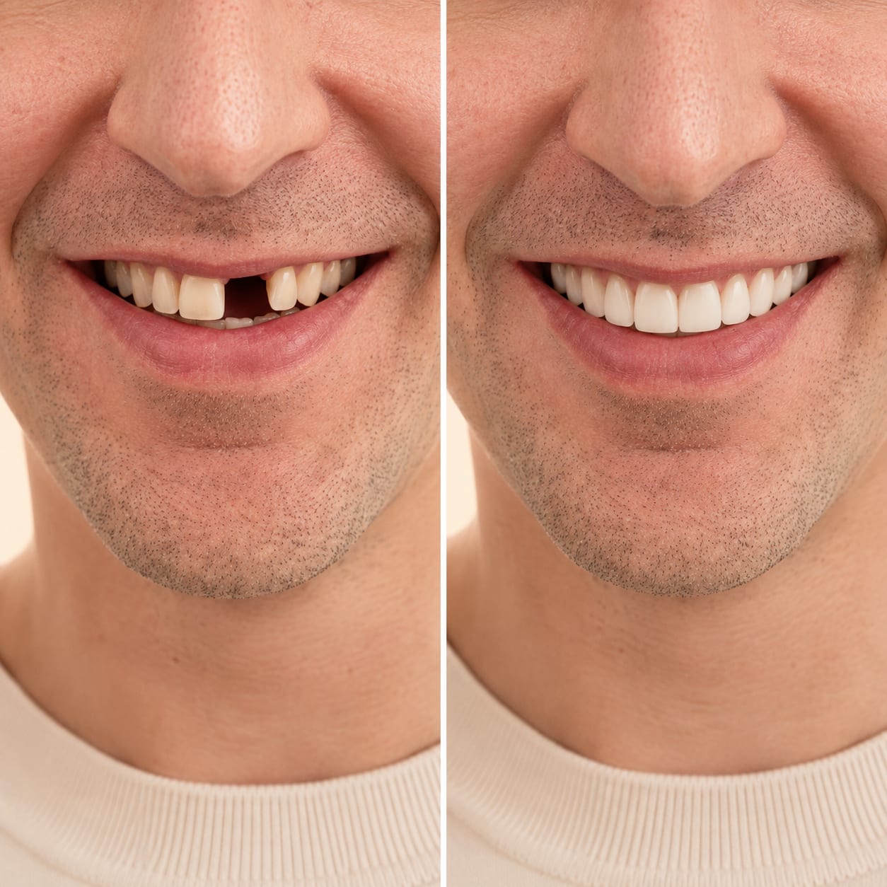 Illustration of a smile shown before and after wearing the cosmetic Smile Set